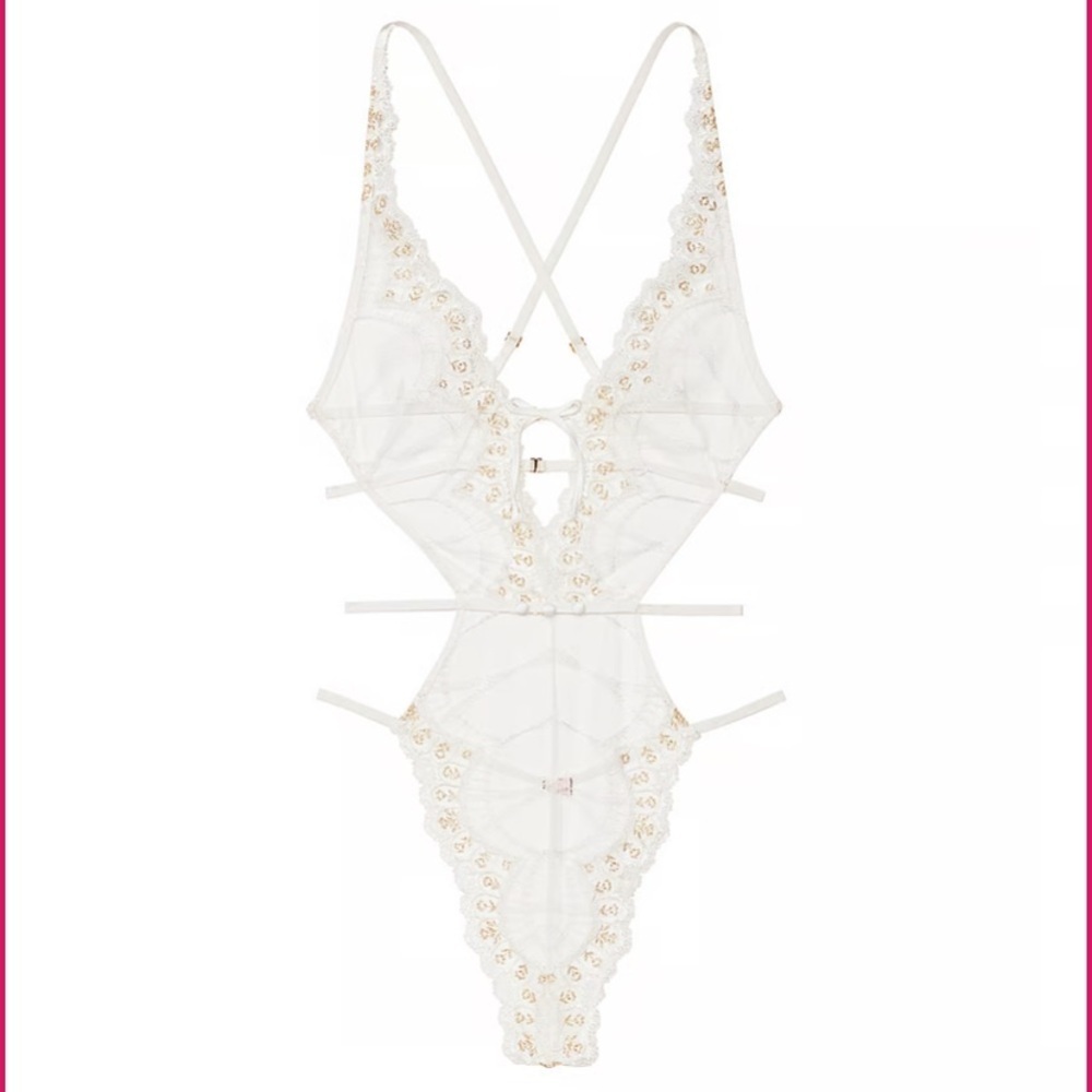New! Victoria’s Secret Strappy-Back Lace Teddy White Gold 4342